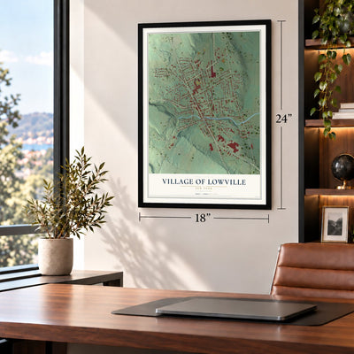 Village of Lowville, New York map, 18 x 24 inch print in a black frame in a home office