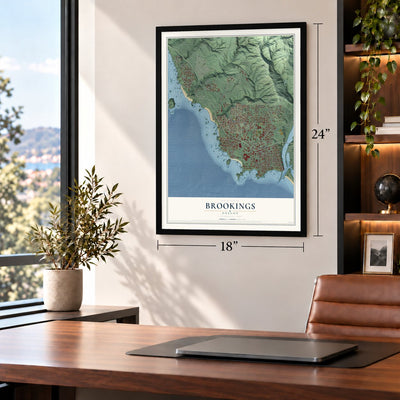 Brookings, Oregon map, 18 x 24 inch print in a black frame in a home office
