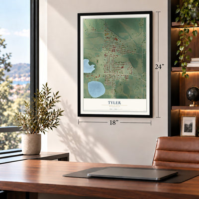 Tyler, Minnesota map, 18 x 24 inch print in a black frame in a home office