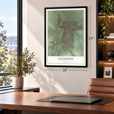 Englewood, Colorado map, 18 x 24 inch print in a black frame in a home office