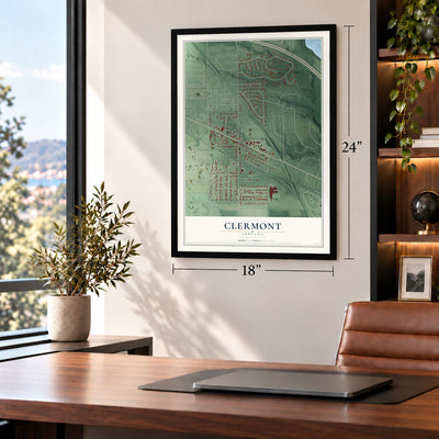 Clermont, Indiana map, 18 x 24 inch print in a black frame in a home office