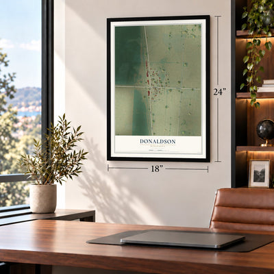 Donaldson, Minnesota map, 18 x 24 inch print in a black frame in a home office