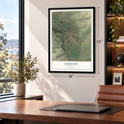 Endicott, Washington map, 18 x 24 inch print in a black frame in a home office