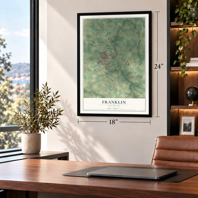 Franklin, Kentucky map, 18 x 24 inch print in a black frame in a home office