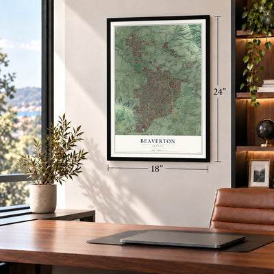 Beaverton, Oregon map, 18 x 24 inch print in a black frame in a home office
