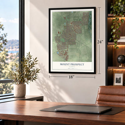 Mount Prospect, Illinois map, 18 x 24 inch print in a black frame in a home office