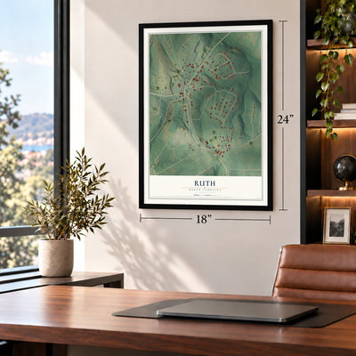 Ruth, North Carolina map, 18 x 24 inch print in a black frame in a home office