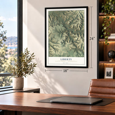Liberty, McKean County, Pennsylvania map, 18 x 24 inch print in a black frame in a home office