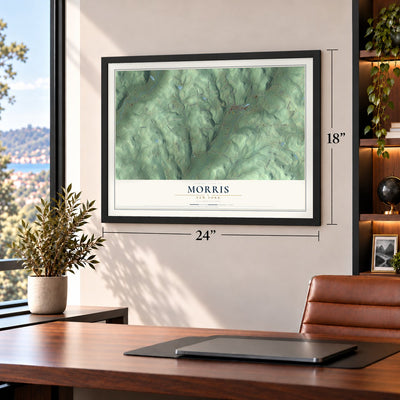 Morris, New York map, 18 x 24 inch print in a black frame in a home office