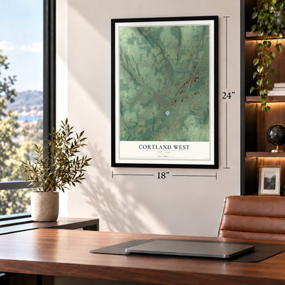 Cortland West, New York map, 18 x 24 inch print in a black frame in a home office