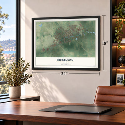 Dickinson, Texas map, 18 x 24 inch print in a black frame in a home office