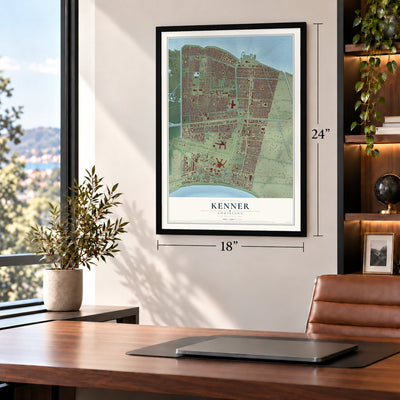 Kenner, Louisiana map, 18 x 24 inch print in a black frame in a home office