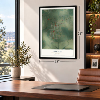Nelson, Missouri map, 18 x 24 inch print in a black frame in a home office