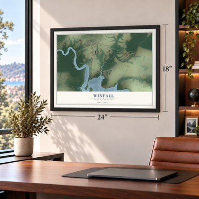 Winfall, North Carolina map, 18 x 24 inch print in a black frame in a home office