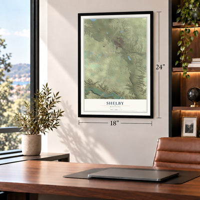 Shelby, Montana map, 18 x 24 inch print in a black frame in a home office