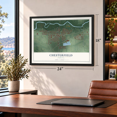 Chesterfield, Indiana map, 18 x 24 inch print in a black frame in a home office