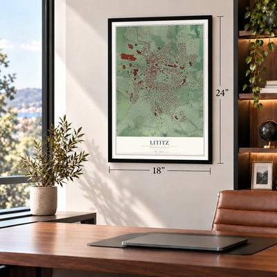 Lititz, Pennsylvania map, 18 x 24 inch print in a black frame in a home office