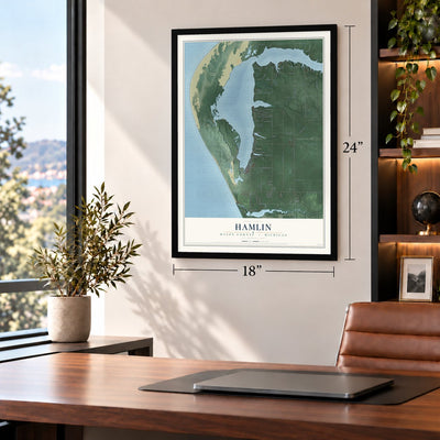 Hamlin, Mason County, Michigan map, 18 x 24 inch print in a black frame in a home office