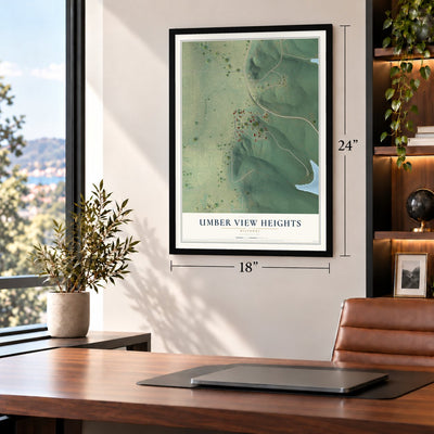 Umber View Heights, Missouri map, 18 x 24 inch print in a black frame in a home office