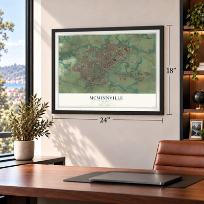 McMinnville, Oregon map, 18 x 24 inch print in a black frame in a home office