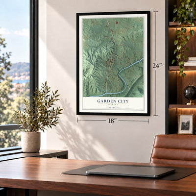 Garden City, Alabama map, 18 x 24 inch print in a black frame in a home office