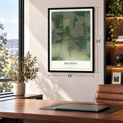 Millbury, Ohio map, 18 x 24 inch print in a black frame in a home office