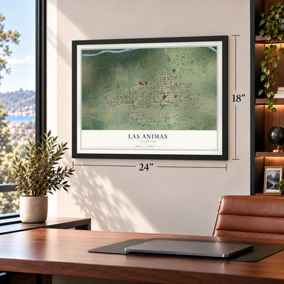 Las Animas, Colorado map, 18 x 24 inch print in a black frame in a home office