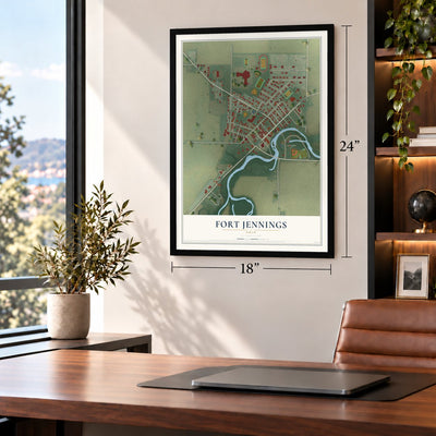 Fort Jennings, Ohio map, 18 x 24 inch print in a black frame in a home office