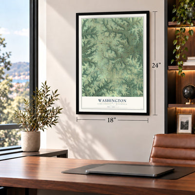 Washington, Sauk County, Wisconsin map, 18 x 24 inch print in a black frame in a home office