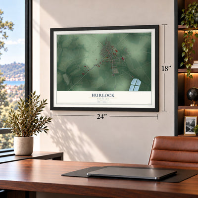 Hurlock, Maryland map, 18 x 24 inch print in a black frame in a home office