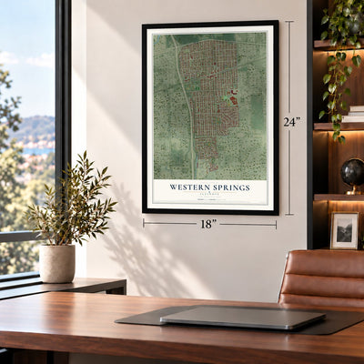 Western Springs, Illinois map, 18 x 24 inch print in a black frame in a home office