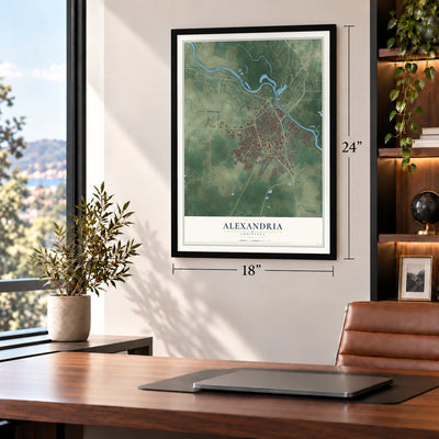Alexandria, Louisiana map, 18 x 24 inch print in a black frame in a home office