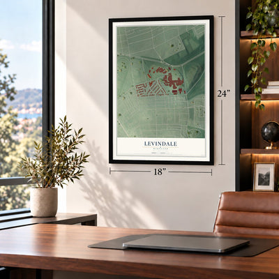 Levindale, Maryland map, 18 x 24 inch print in a black frame in a home office