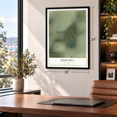 Rush Hill, Missouri map, 18 x 24 inch print in a black frame in a home office
