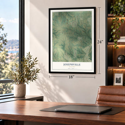 Josephville, Missouri map, 18 x 24 inch print in a black frame in a home office