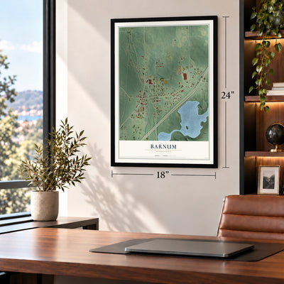 Barnum, Minnesota map, 18 x 24 inch print in a black frame in a home office