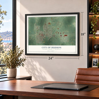 Hudson, Michigan map, 18 x 24 inch print in a black frame in a home office