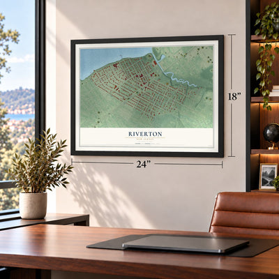 Riverton, New Jersey map, 18 x 24 inch print in a black frame in a home office