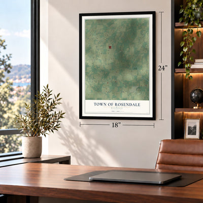 Town of Rosendale, Wisconsin map, 18 x 24 inch print in a black frame in a home office