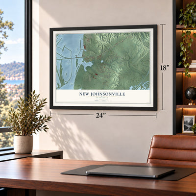 New Johnsonville, Tennessee map, 18 x 24 inch print in a black frame in a home office