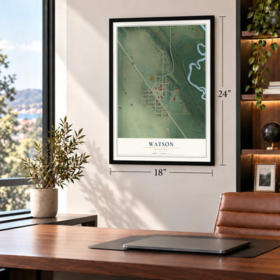 Watson, Minnesota map, 18 x 24 inch print in a black frame in a home office