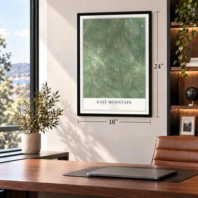 East Mountain, Texas map, 18 x 24 inch print in a black frame in a home office
