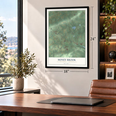 Honey Brook, Chester County, Pennsylvania map, 18 x 24 inch print in a black frame in a home office