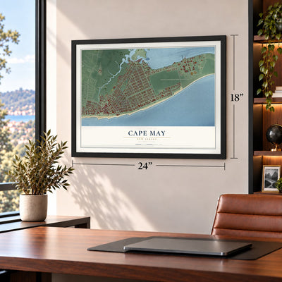 Cape May, New Jersey map, 18 x 24 inch print in a black frame in a home office