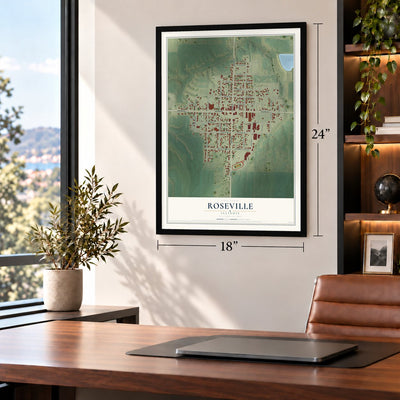 Roseville, Illinois map, 18 x 24 inch print in a black frame in a home office