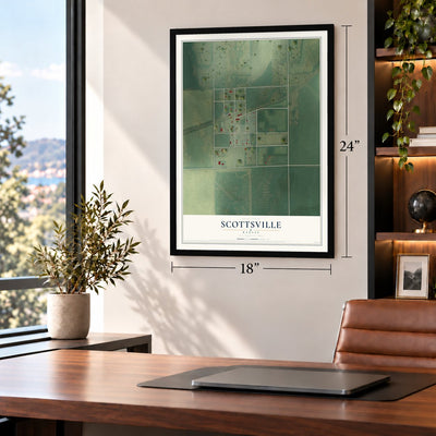 Scottsville, Kansas map, 18 x 24 inch print in a black frame in a home office