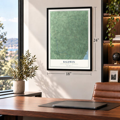 Baldwin, Delta County, Michigan map, 18 x 24 inch print in a black frame in a home office