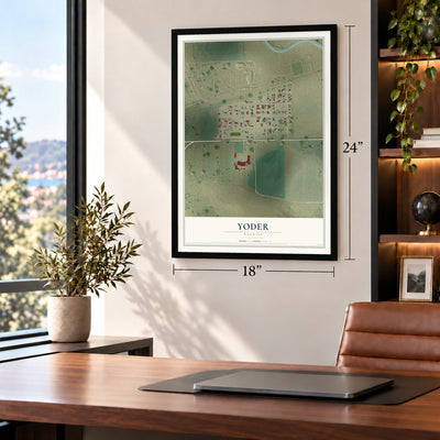 Yoder, Wyoming map, 18 x 24 inch print in a black frame in a home office