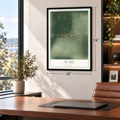 St. Leo, Minnesota map, 18 x 24 inch print in a black frame in a home office