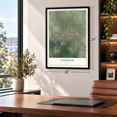 Palmview, Texas map, 18 x 24 inch print in a black frame in a home office